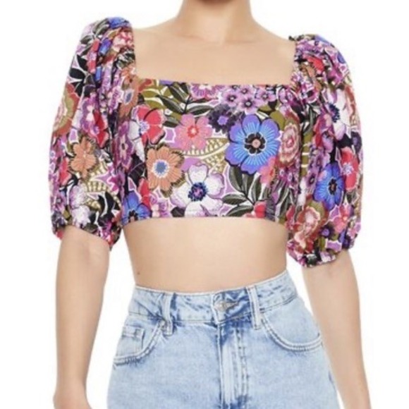 Puff-Sleeve Crop Top Floral Print Square Neck Junior Size M Hot Pink Multi Color - Picture 1 of 10